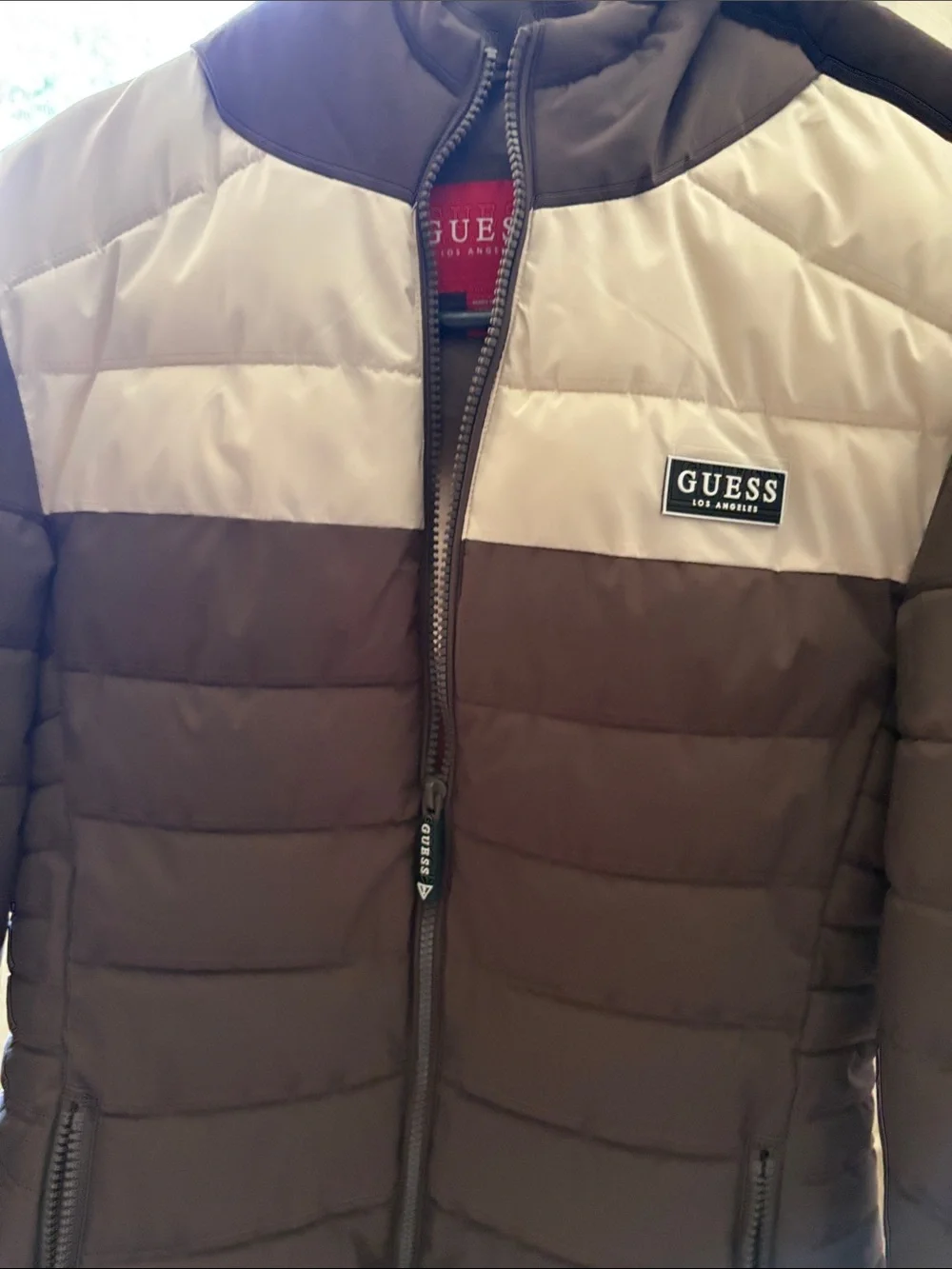 GUESS Brown and Cream Quilted Puffer Jacket